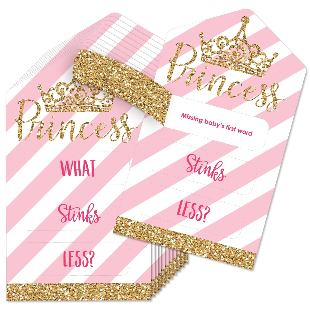 Big Dot of Happiness Little Princess Crown - Pink & Gold Baby Shower Game Pickle Cards - Conversation Starters Pull Tabs - Set of 12